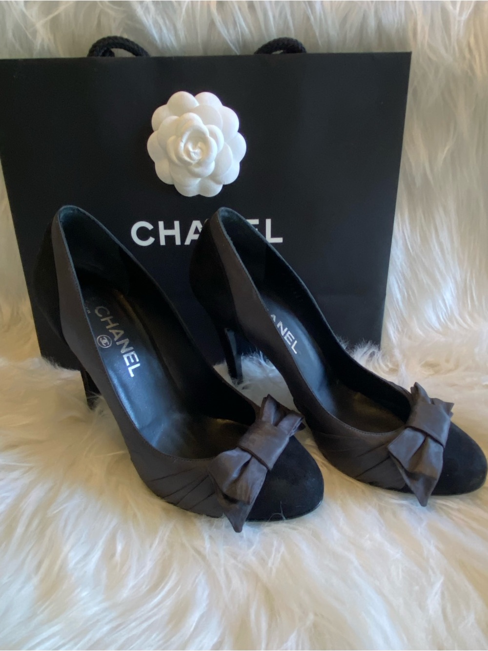 CHANEL Black & Gray Satin Bow with Matching Trim & Suede Heels. Authentic.